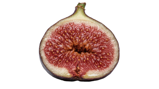Half ripe fig with vibrant pink flesh and tiny seeds, isolated on transparent background