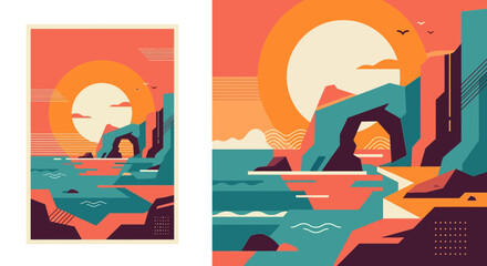 Naklejka premium Minimalist Flat Vector Illustration of a Tropical Seascape at Sunset