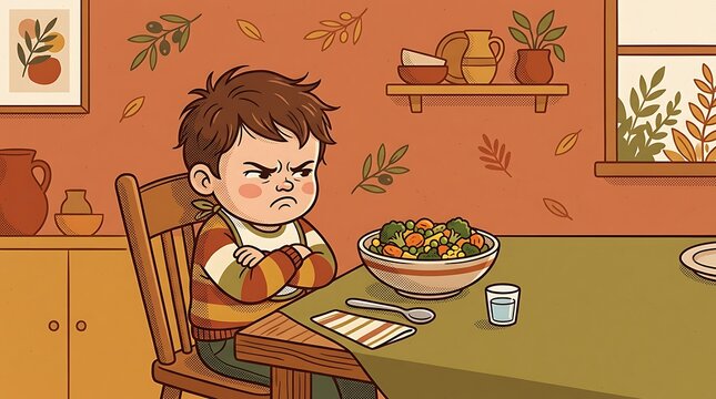Young boy making a grumpy face while refusing to eat vegetables at the table