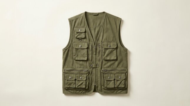 Olive Green Utility Vest with Multiple Pockets Isolated on White Background.