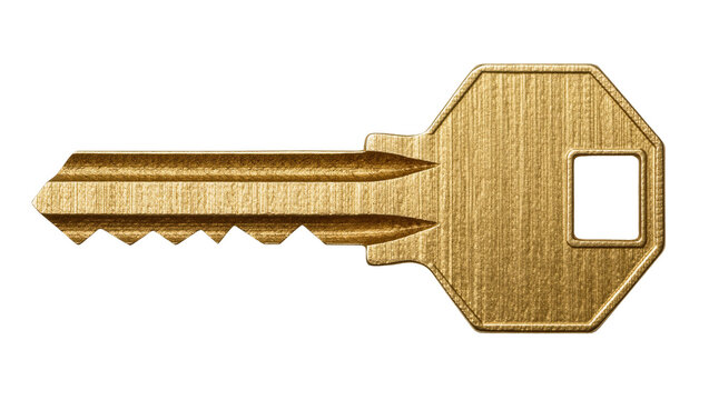 Golden metal house key with serrated edge, isolated on transparent background