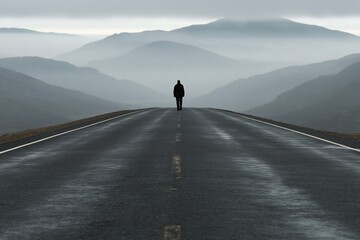 Obraz premium Silhouette walking on empty road toward mountains