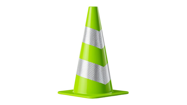 Bright green traffic cone with reflective silver chevron stripes, isolated on transparent background