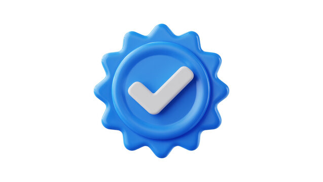 Blue verified badge with white checkmark, isolated on transparent background