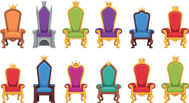 Royal throne vector icon set with different colorful cartoon armchairs crowns and medieval king seats for game design [18 words]