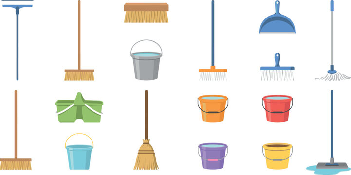 Cleaning tools and equipment vector icon set with brooms mops plastic buckets brushes dustpan and window squeegee illustrations [18 words]