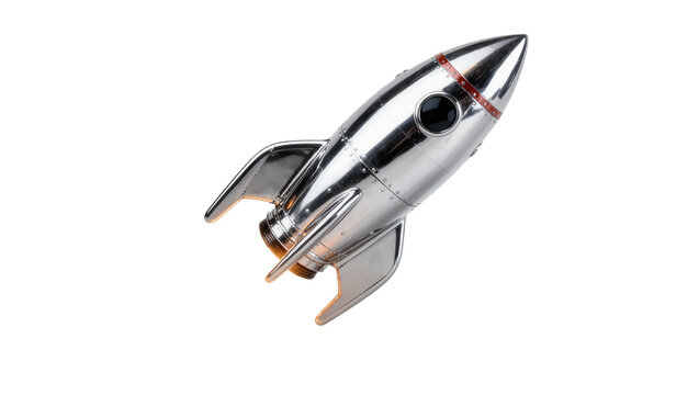 Shiny chrome retro rocket ship with red stripes, isolated on transparent background