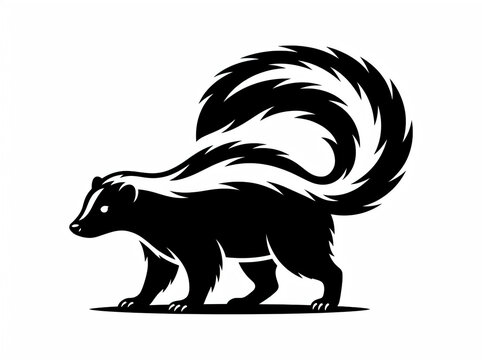 Stylized black and white vector illustration of a skunk with a large bushy tail