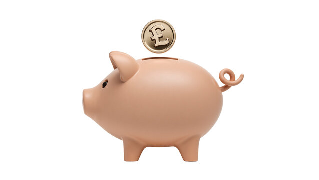 Pink ceramic piggy bank with gold pound coin falling into slot, isolated on transparent background