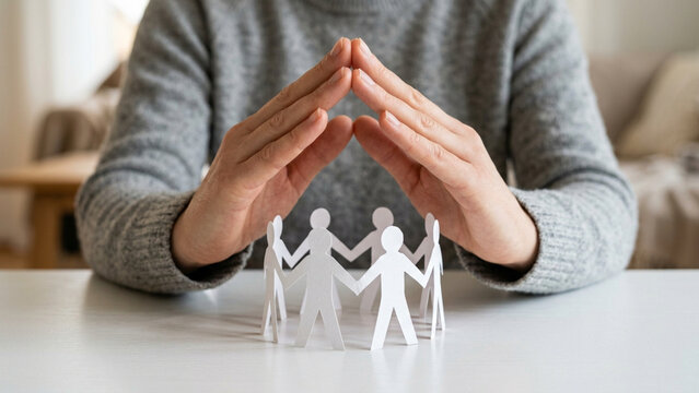 A caring individual gently forms a protective shelter with their hands over a small circle of paper figurines symbolizing community safety, human rights advocacy, and mutual social support