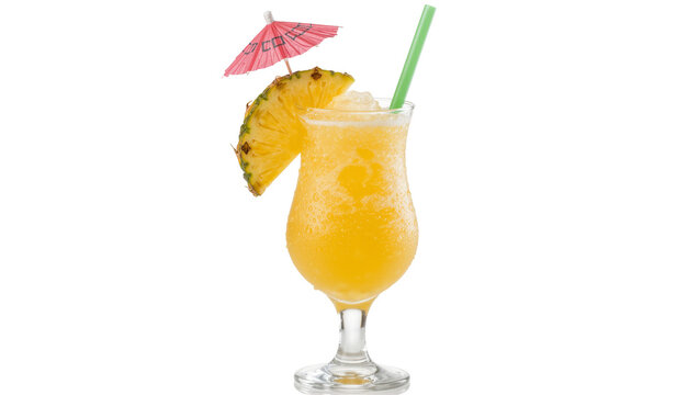 Yellow frozen cocktail with pineapple slice and pink umbrella, isolated on transparent background