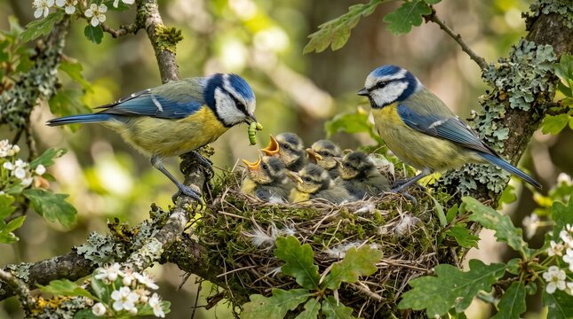 Eurasian blue tit parents feeding chicks in nest