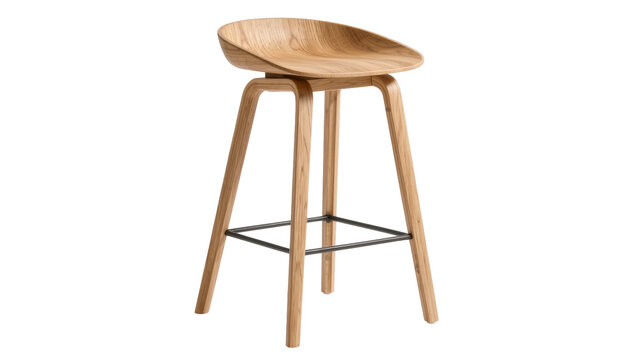Curved wooden bar stool with metal footrest, isolated on transparent background