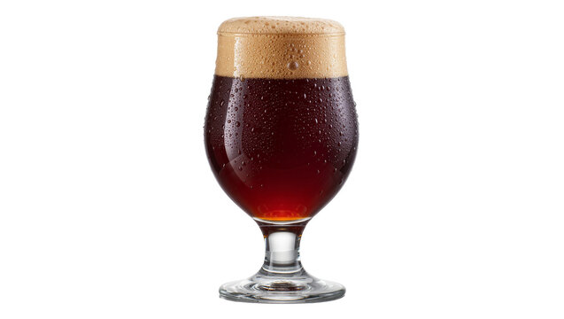 Dark amber ale beer with foamy head in a tulip glass, isolated on transparent background