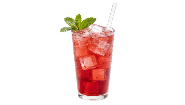 Tall glass of cold red berry drink with ice cubes and mint garnish, isolated on transparent background