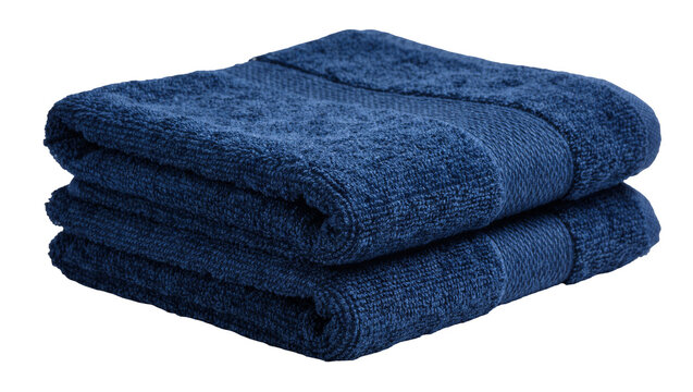 Stack of two plush navy blue cotton bath towels, neatly folded and isolated on transparent background