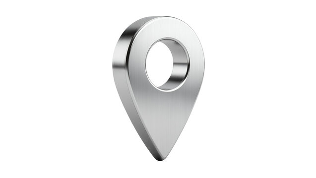 Polished metallic 3D map pin location marker, isolated on transparent background