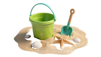 Green plastic bucket and wooden shovel in sand with starfish and shells, isolated on transparent background © Laura