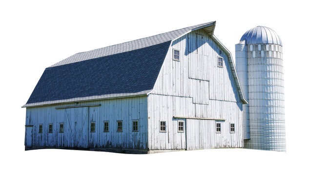 Weathered white wooden barn with dark blue roof and silo, isolated on transparent background