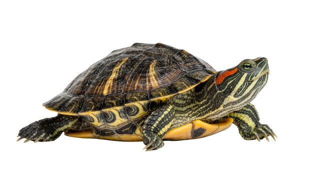 Red-eared slider turtle with patterned shell and striped neck, isolated on transparent background