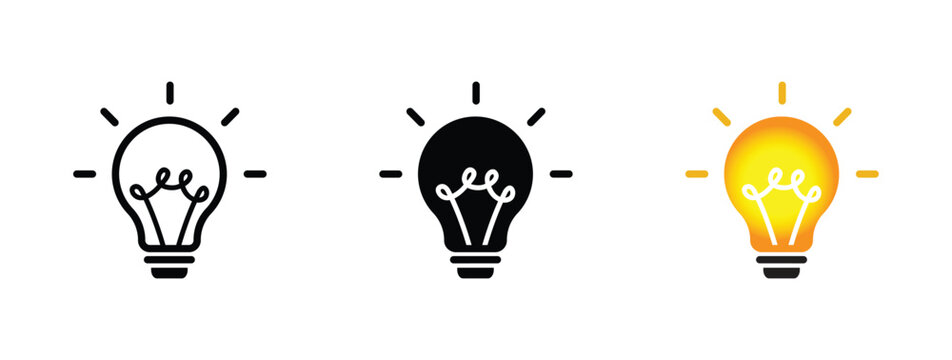 Lightbulb Idea Icon Set, Glowing Light Bulb Vector, Creative Thinking Symbol, Solution Concept Linear and Glyph Sign, Bright Energy Lamp Illustration for UI UX Design and Business Startup Graphic