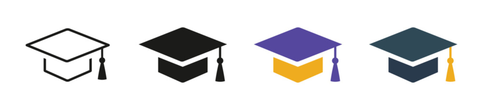 Graduation Cap Icons Set, Education, Academic Achievement, Diploma, University and School Symbols

