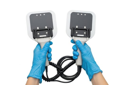 Hands in blue gloves holding professional defibrillator paddles