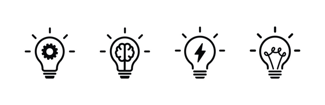 Idea Light Bulb Line Icon Set with Gear Brain Lightning Power Symbol for Brainstorming Creative Thinking Strategy Solution and Business Innovation Concept Vector Illustration Isolated .