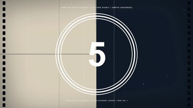 Vintage cinema film leader countdown clock with authentic film grain texture for classic movie projection introduction sequence 4K animation