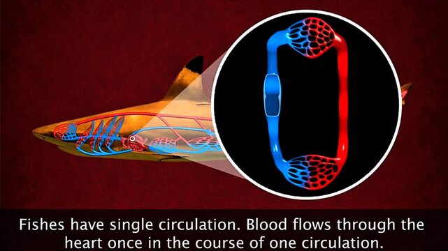 Scientific illustration of the fish circulatory system showing two-chambered heart and single circulation.