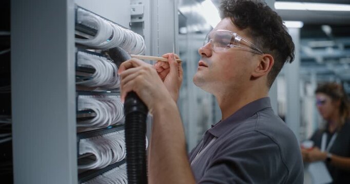 Focused Network Administrator Wearing Safety Glasses Carefully Removes Dust From Server Rack Cables. Preventive Dust Control Safeguards Enterprise Cloud Storage Infrastructure Against Overheating.