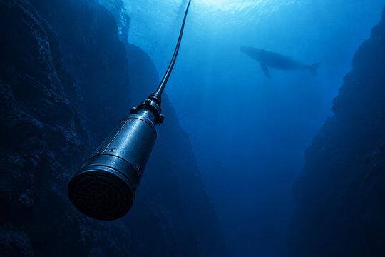 Underwater hydrophone in deep blue canyon with whale silhouette, ocean research concept