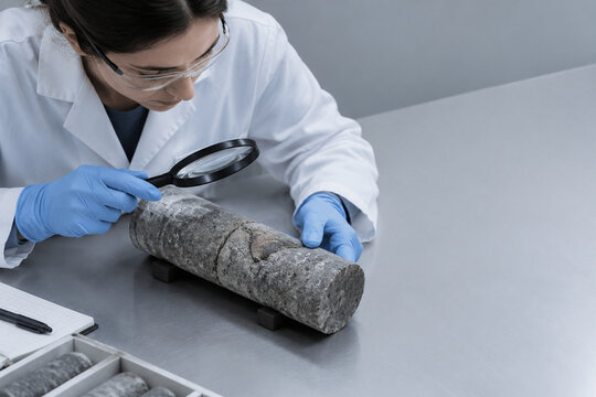 Rock drill core with fossil on lab table, geologist examining, geology research concept