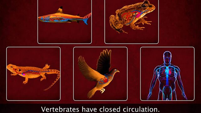 Scientific illustration of closed circulation in vertebrates, showing blood confined within vessels.