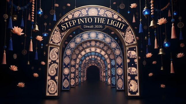 An ornate illuminated archway featuring intricate decorative patterns and the text save instinct fight in a dark room