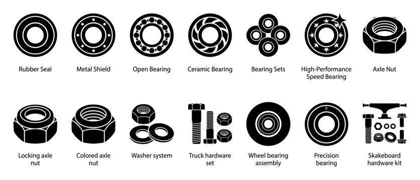 Skateboard hardware parts and components icon set showing different types of bearings, axle nuts, washers, and truck assembly kits in a black glyph style collection