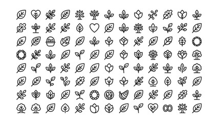Fototapeta premium Minimalist vector icon set featuring various leaf and tree designs for sustainable branding and eco friendly website graphic projects