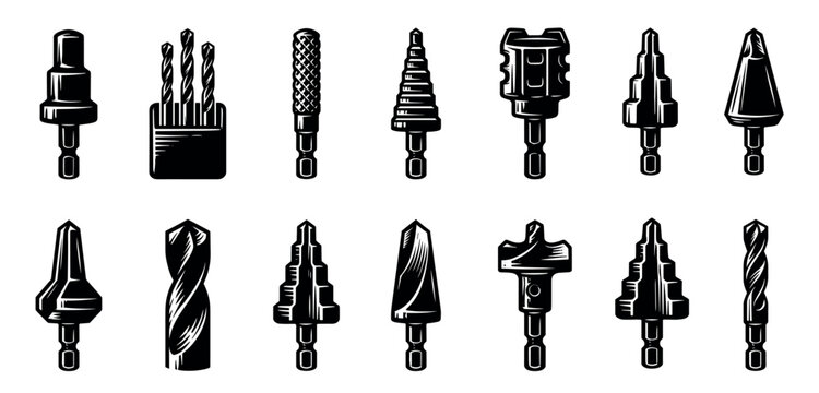 Collection of various drill bit attachments for power tools, including step, twist, and countersink bits, presented in a bold black and white graphic illustration style