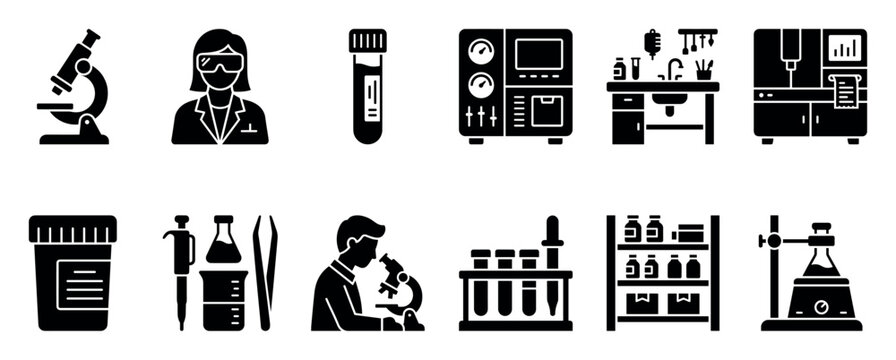 Collection of black glyph icons representing laboratory equipment and scientific research, featuring a microscope, test tubes, beakers, and scientists working in a clinical setting