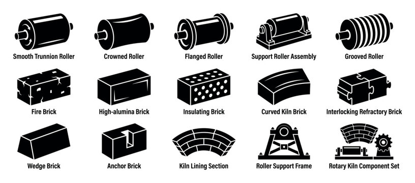 Industrial rotary kiln component icon set showing various refractory bricks, support rollers, and assembly parts in a black glyph style for manufacturing and engineering concepts