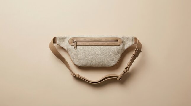 Minimalist beige fanny pack with gold zipper detail on neutral background.