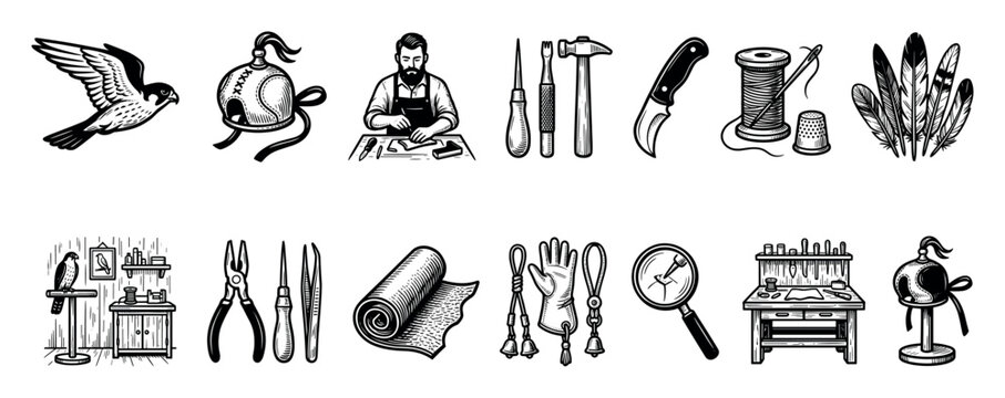 Set of falconry and leatherworking icons in a vintage woodcut style, featuring a craftsman, hawk, hood, glove, jesses, and various workshop tools for making equipment