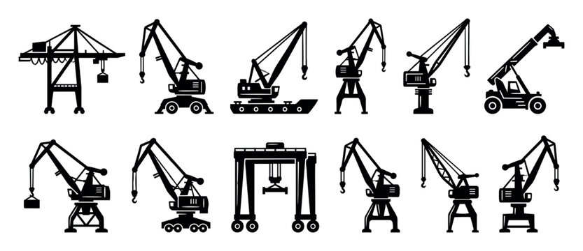 Collection of black industrial crane silhouettes showing various types of heavy machinery for lifting, including gantry, mobile, and harbor cranes in a flat graphic icon set
