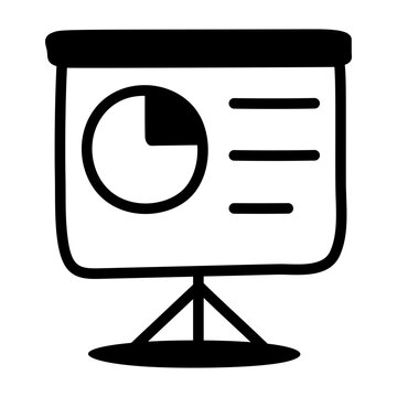 Hand drawn doodle icon showing a presentation board with a pie chart and text lines in bold black lines on a white background. Planning icon.
