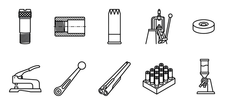 Ten black and white line art icons for ammunition handloading equipment, including a reloading press, shotgun, shells, dies, and a powder measure in a clean vector style