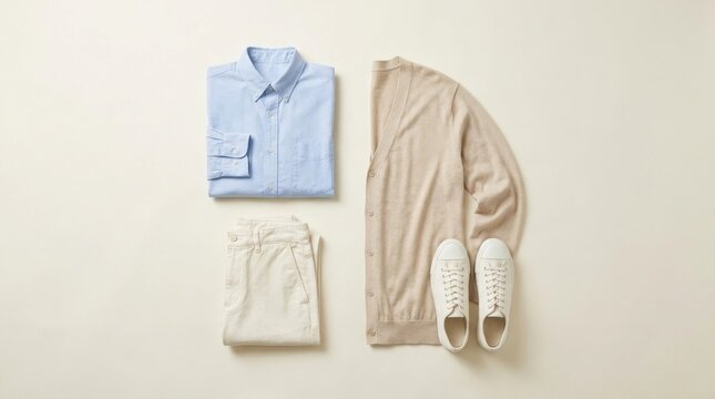 Flat lay of mens casual clothing and slippers arranged neatly on a neutral background.