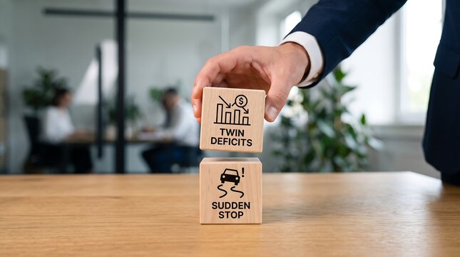 Businessman hand stacking wooden cubes with economic twin deficits and sudden stop labels for financial analysis