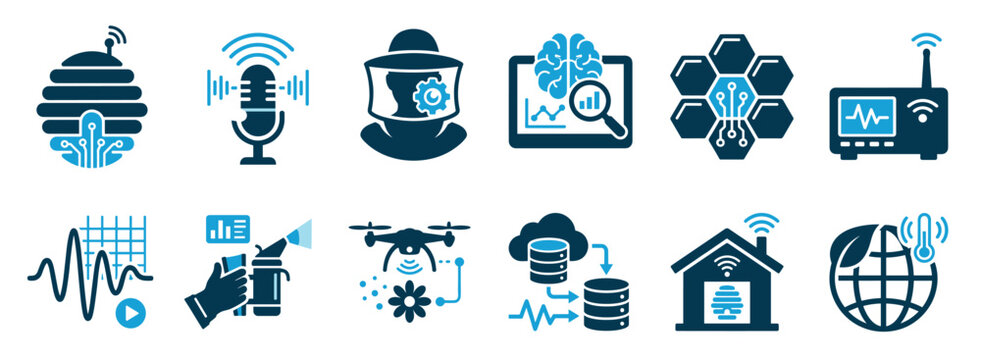 Set of smart beekeeping technology icons representing precision apiculture, IoT sensors, drone monitoring, data analysis, and modern agricultural innovation in a flat two-color style