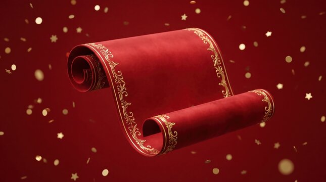 Red velvet scroll with gold embellishments on festive background with bokeh lights