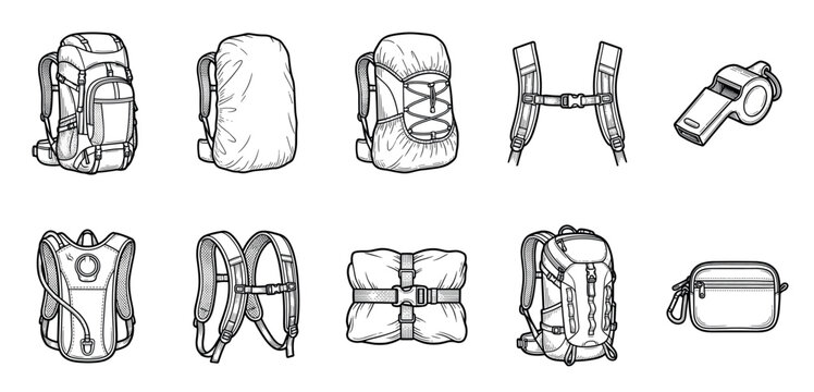 Collection of hand-drawn hiking backpacks and camping gear including a survival whistle, hydration pack, and rucksack accessories in a detailed black and white line art style